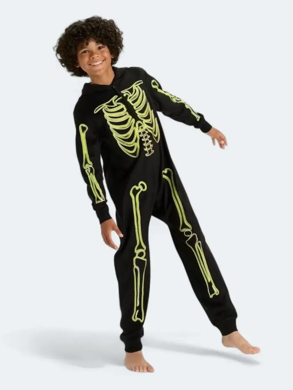 Black Glow Skeleton Hooded Onesie Costume Unisex